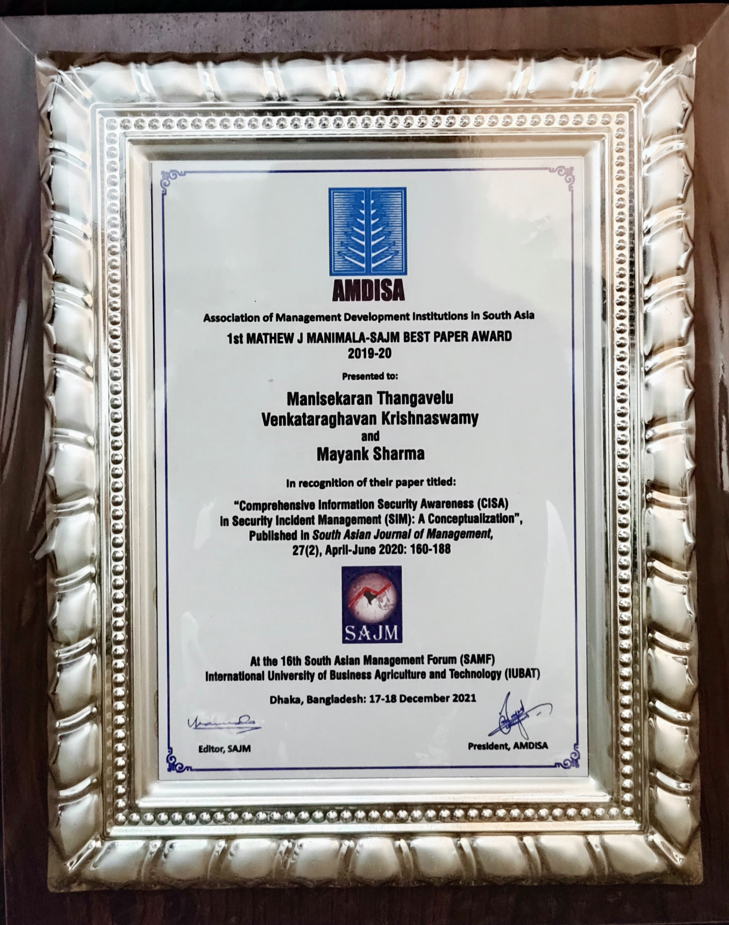 1st Award Citation Plaque